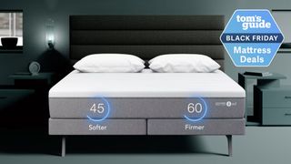 Sleep Number m7 memory foam smart bed in green studio bedroom with two white pillows on top of it and a dark grey head board