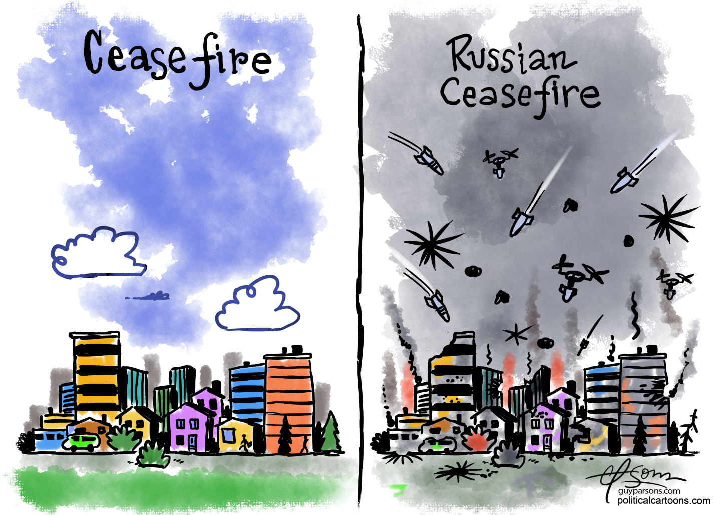 This political cartoon is split into two panels. The left panel, labeled "Ceasefire," depicts a peaceful city scene under a clear blue sky with fluffy clouds. The right panel, labeled "Russian Ceasefire," shows the same city under a dark, smoky sky filled with falling bombs and explosions, indicating ongoing destruction despite the declared ceasefire.