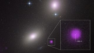 A pull out of a black hole, represented by a purple glow, among glowing stars in the darkness of space