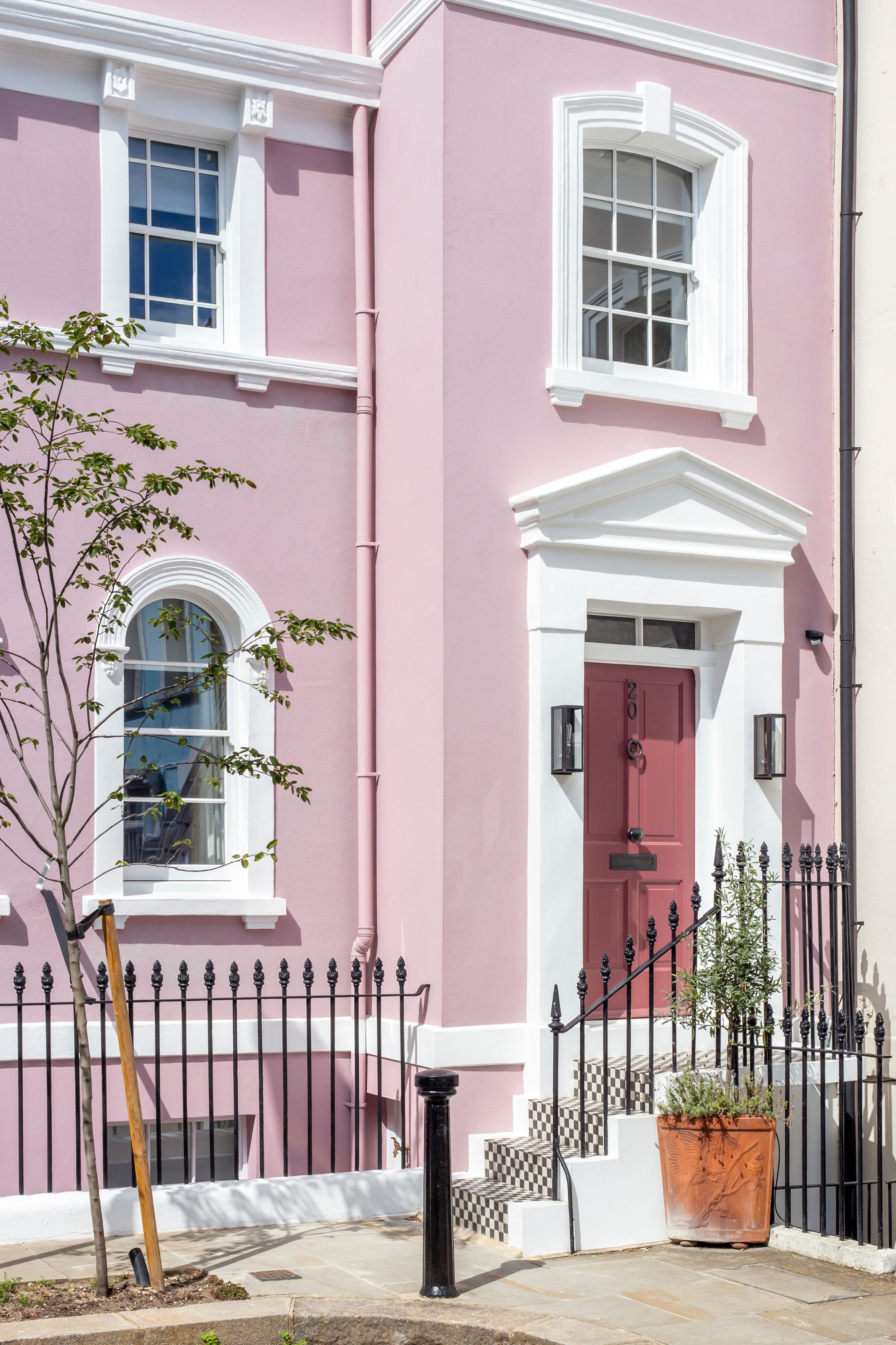 Exterior of pink mews house