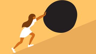 Illustrated woman pushing boulder up hill