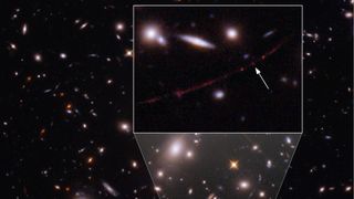 The most distant star yet seen, called Earendel, is indicated by an arrow in the inset of this image from the Hubble Space Telescope that captured the star from 12.9 billion light-years away using a gravitational lens.