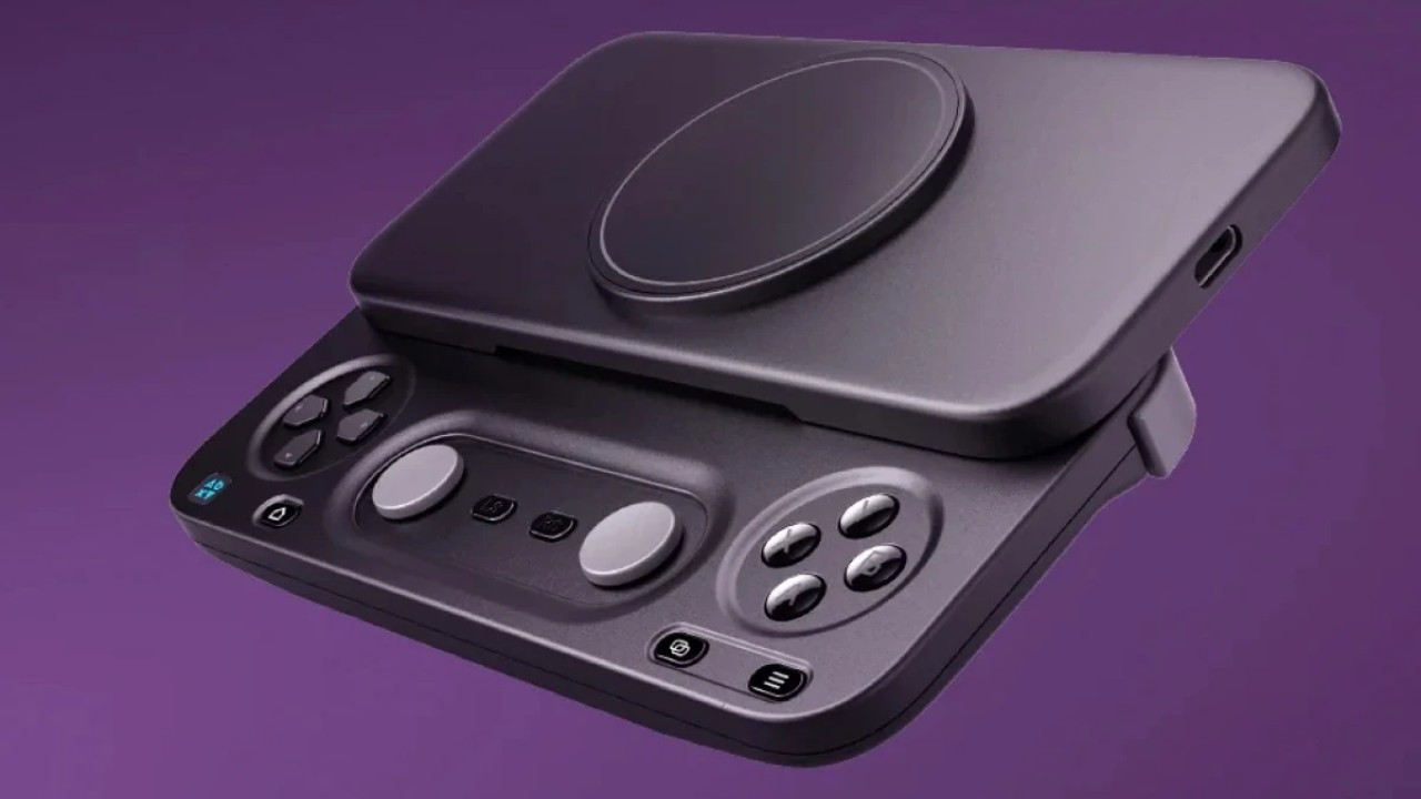 Abxylute M5 mobile controller on a purple background
