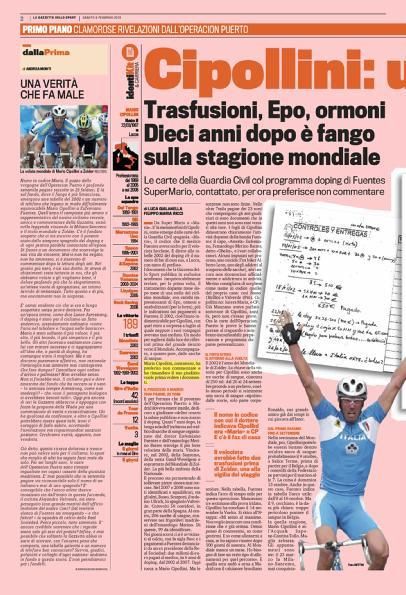 Gazzetta dello Sport print dates and substances used by Super Mario
