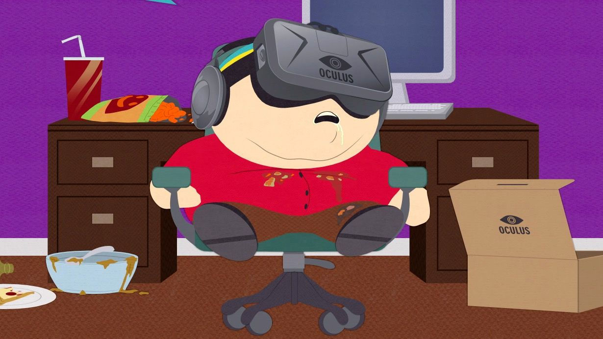 Cartman from South Park sitting in a chair with an Oculus Quest on