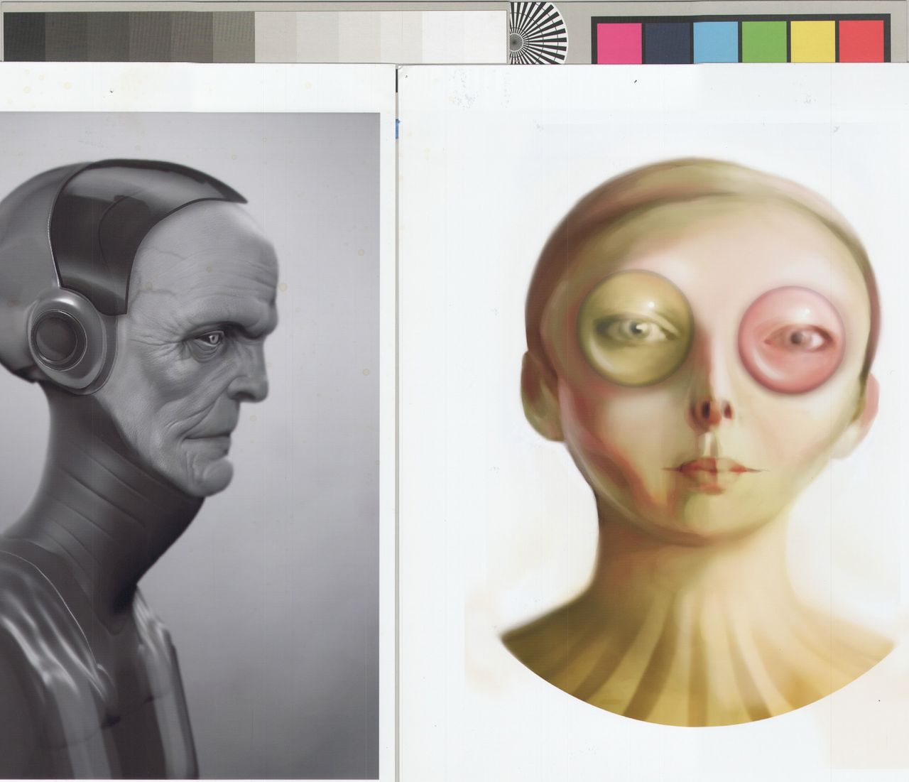 Valve concept art showing man in jumpsuit in profile, woman with bugeye glasses facing camera