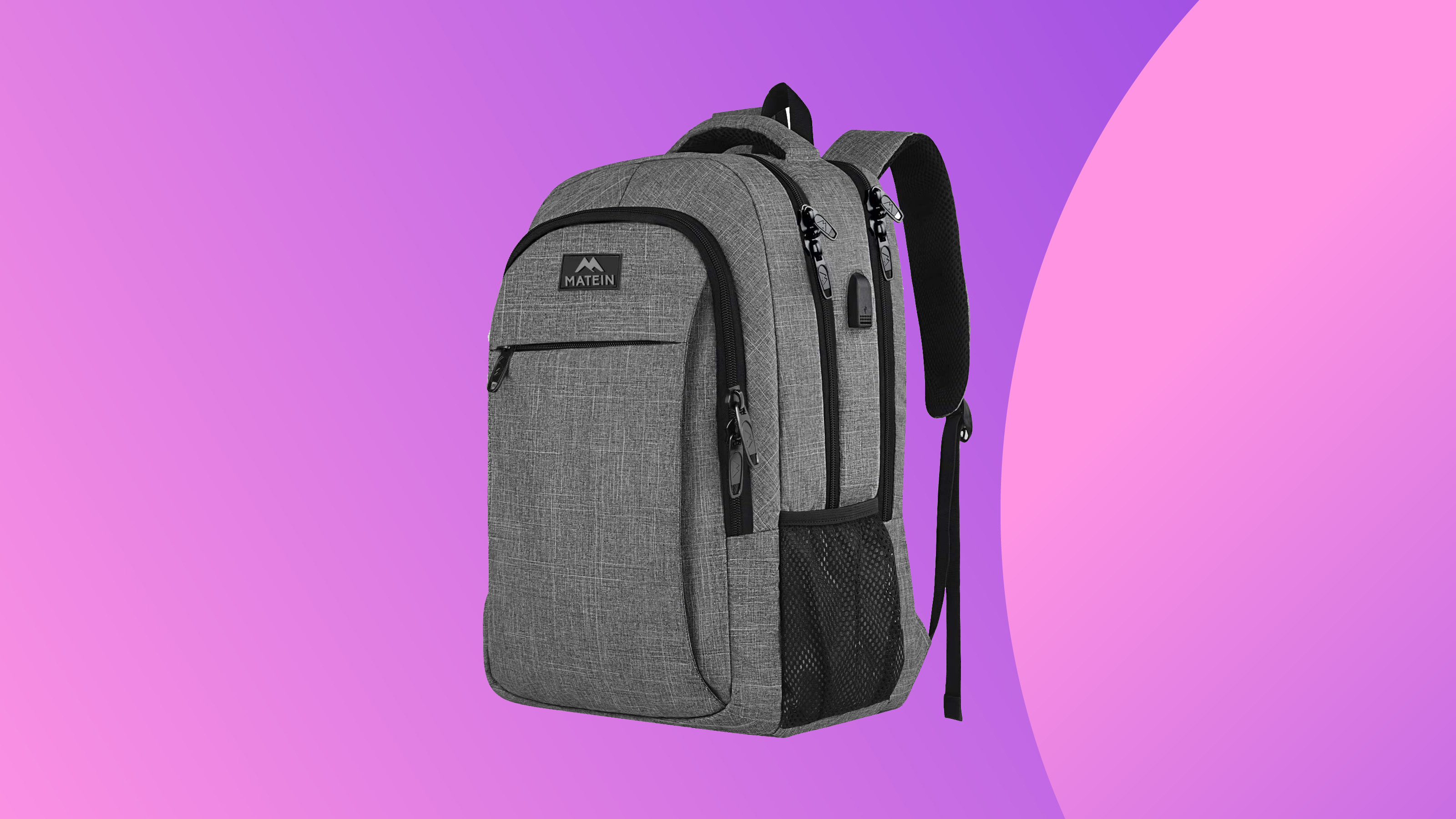 A product shot of the MATEIN laptop backpack on a colourful background