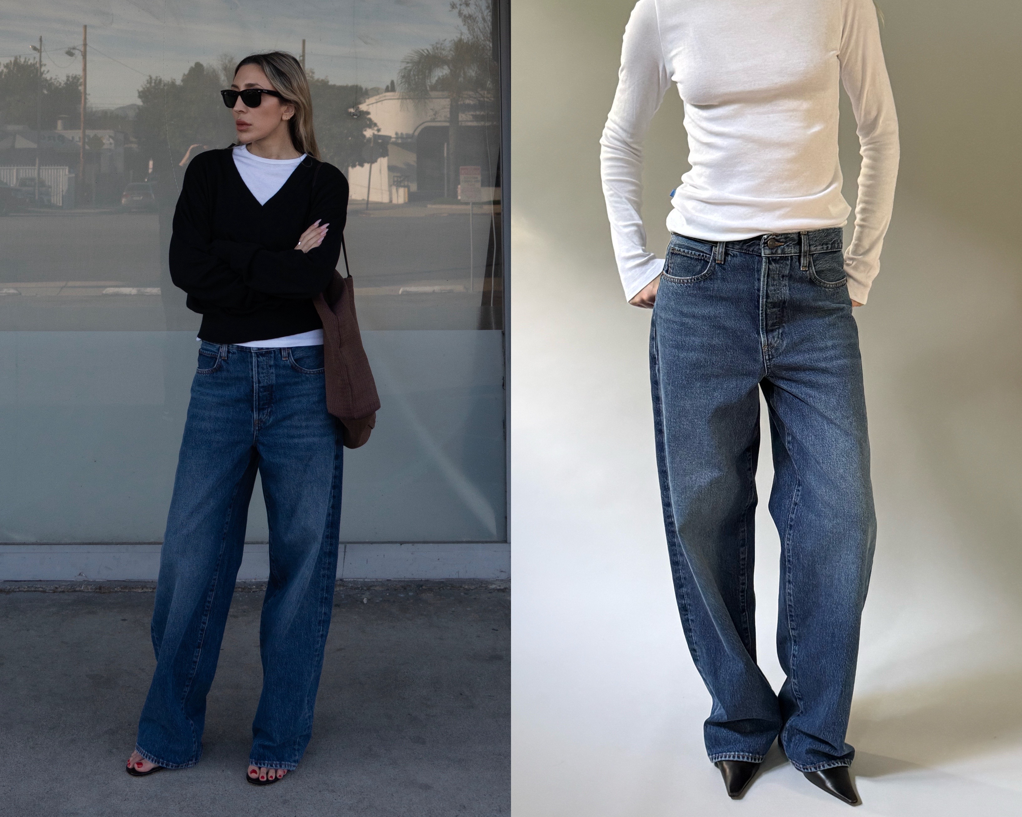 Angela Fink styles barrel-leg jeans with a V-neck sweater and white tee