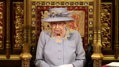 Queen Elizabeth II ahead of the Queen's Speech in the House of Lord's Chamber during the State Opening of Parliament