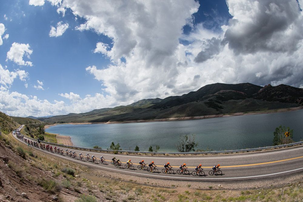Riders get strung out along one of todays reservoirs.