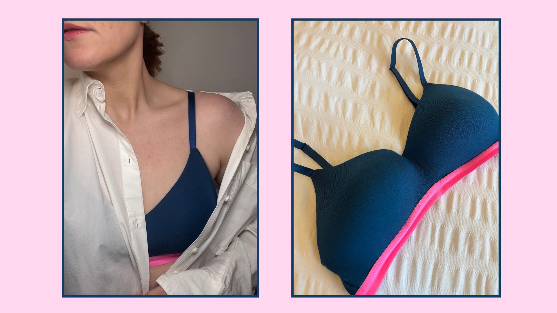 matilda wearing the stripe and stare smooth sculpt bra next to a flat lay shot