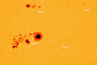 This labeled image taken by SDO's Helioseismic and Magnetic Imager shows the location of two active regions on the sun, labeled AR1944 and AR1943, which straddle a giant sunspot complex. A Jan. 7, 2014, X1.2-class flare emanated from an area closer to AR1