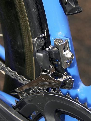 The seat tube is shifted rearwards slightly in order to shield the rear wheel and still meet UCI frame guidelines, meaning the front derailleur mount had to be shifted forward a bit.
