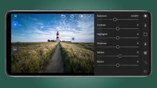 Phone screen showing a photo of a Lighthouse in the Lightroom app