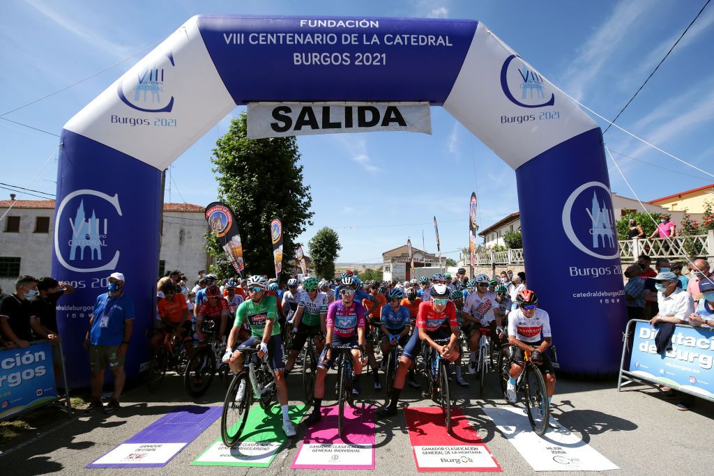 ESPINOSA DE LOS MONTEROS SPAIN AUGUST 05 LR Edward Planckaert of Belgium and Team AlpecinFenix Green Points Jersey Gonzalo Serrano of Spain and Movistar Team Purple Leader Jersey Johan Jacobs of Switzerland and Movistar Team Red Mountain Jersey Santiago Buitrago Sanchez of Colombia and Team Bahrain Victorious White Best Young Rider Jersey prior to the 43rd Vuelta a Burgos 2021 Stage 3 a 173km stage from Busto de Bureba to Espinosa de los Monteros VueltaBurgos BurgosCycling CapitalMundialdelCiclismo on August 05 2021 in Espinosa de Los Monteros Spain Photo by Gonzalo Arroyo MorenoGetty Images