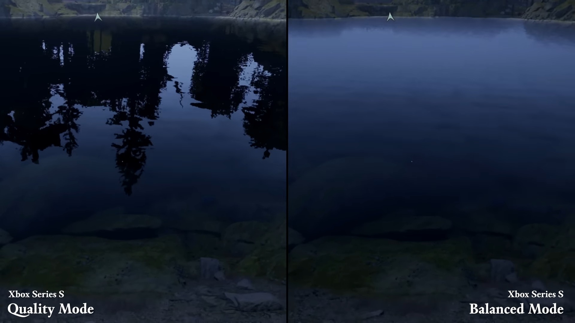 Screenshots showing difference in graphical quality between Balanced and Quality modes on Xbox Series S for Avowed