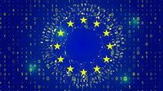 Digital sovereignty concept image showing digitized flag of the European Union (EU) imposed over a blue background with binary code. 