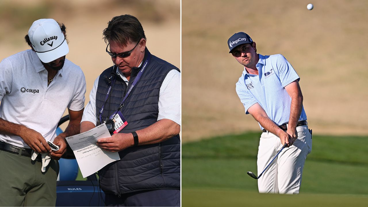 Akshay Bhatia talks a rules official, whilst JT Poston hits a chip shot