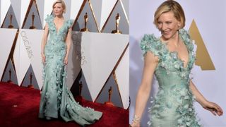 Cate Blanchett in a red carpet composite image, Cate is wearing an Armani Privé seafoam green dress with flowers on it