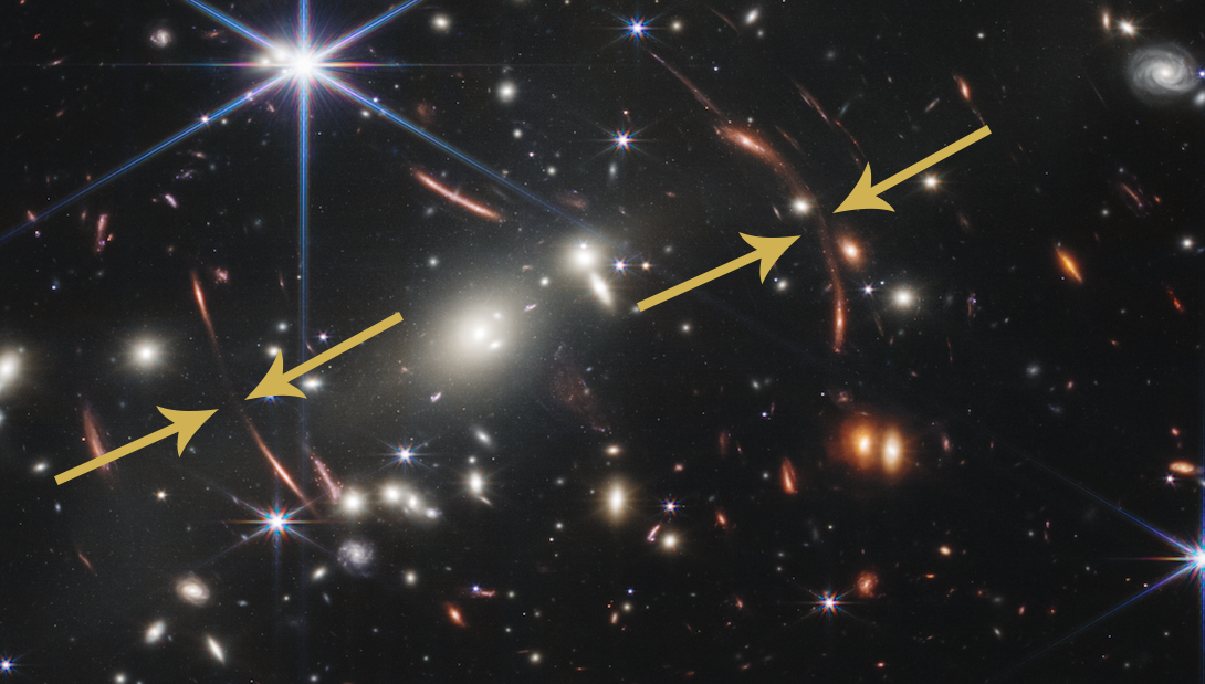 arrows point to curves of light from gravitational lensing