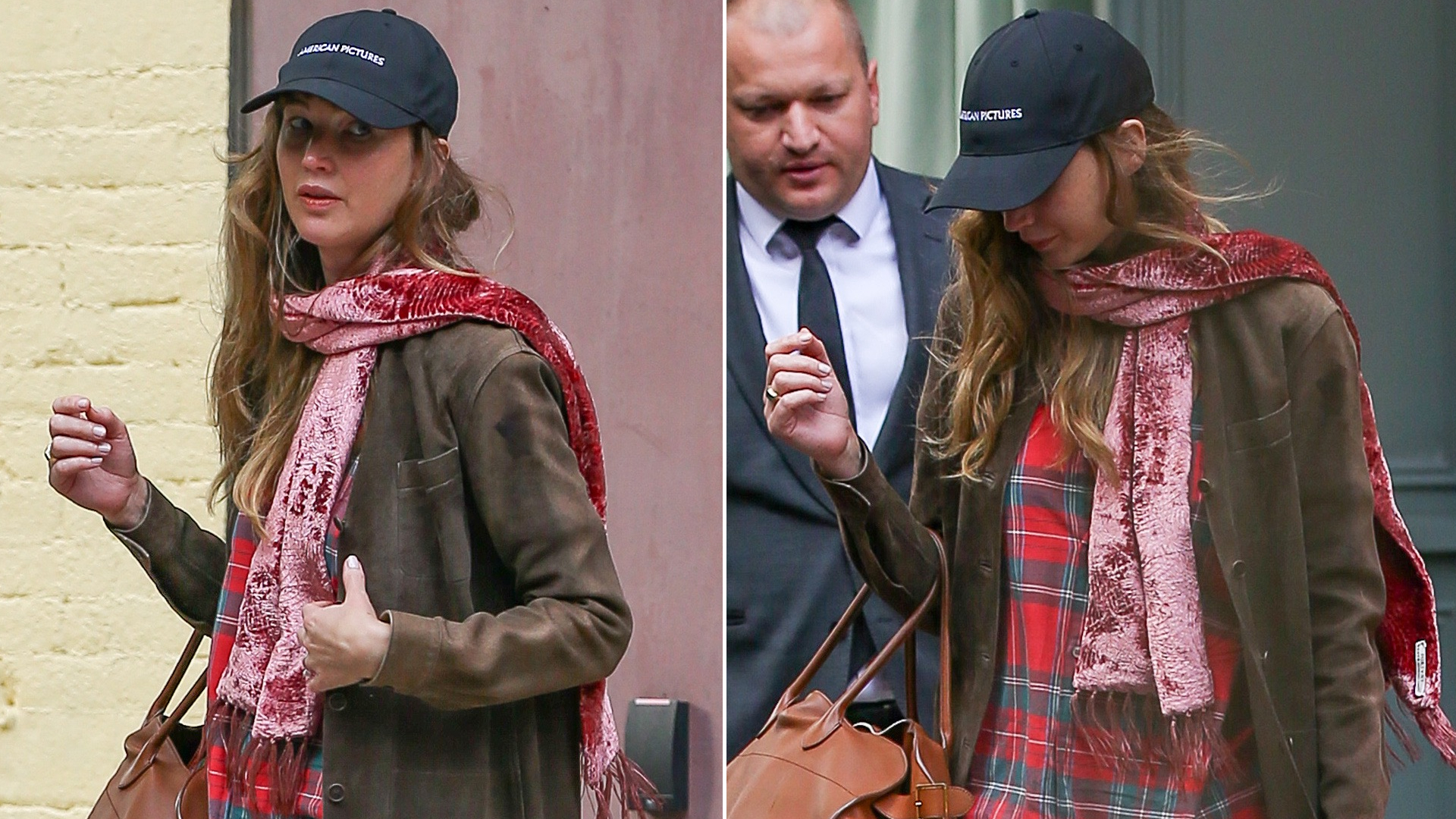 Jennifer Lawrence styled a brown suede coat with The Row Margaux Bag and white Dior sneakers