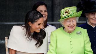 widnes, united kingdom june 14 embargoed for publication in uk newspapers until 24 hours after create date and time meghan, duchess of sussex and queen elizabeth ii attend a ceremony to open the new mersey gateway bridge on june 14, 2018 in widnes, england meghan markle married prince harry last month to become the duchess of sussex and this is her first engagement with the queen during the visit the pair will open a road bridge in widnes and visit the storyhouse and town hall in chester photo by max mumbyindigogetty images