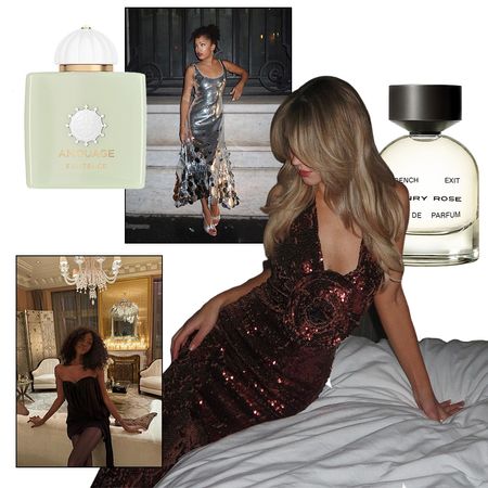 Collage of women wearing sparkly dresses and perfume bottles 