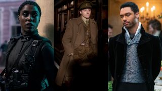 Lashana Lynch in No Time To Die, Jack Lowden in Benediction, and Regé-Jean Page in Bridgerton, pictured side by side.