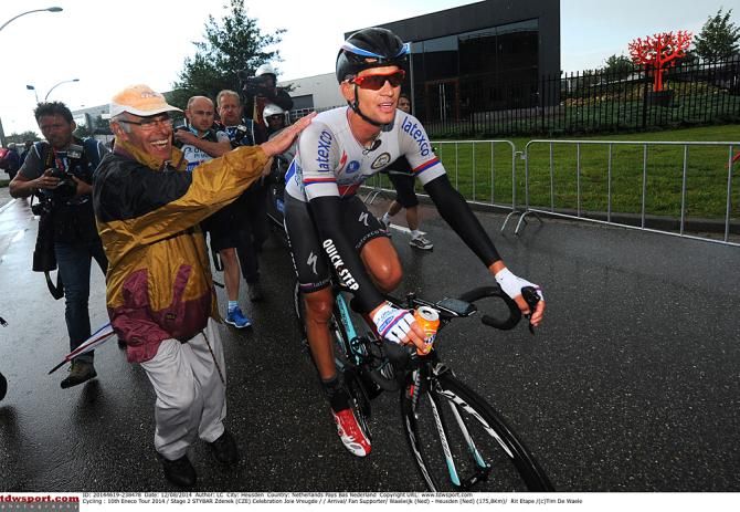 Zdenek Stybar (Omega Pharma-QuickStep) heads to the podium after winning stage 2 at the Eneco Tour