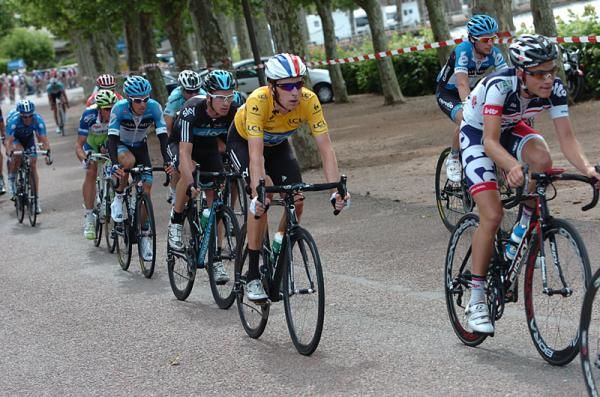 Race leader Bradley Wiggins (Sky) in yellow