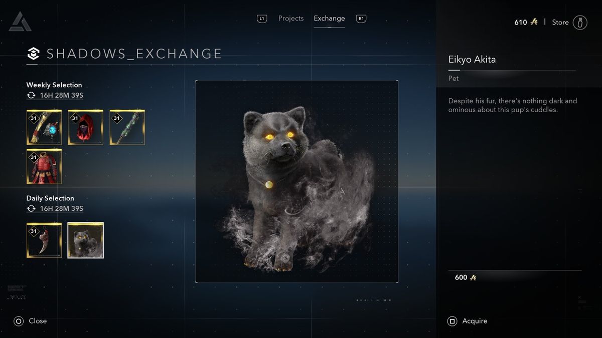 Assassin's Creed Shadows screenshot of the Shadows Exchange menu showing a special Eikyo Akita puppy