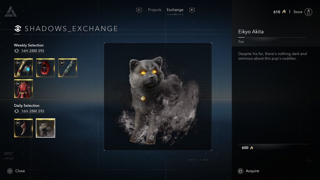 Assassin's Creed Shadows screenshot of the Shadows Exchange menu showing a special Eikyo Akita puppy