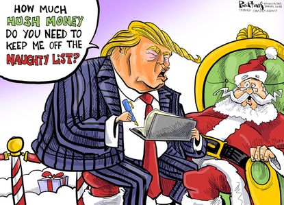 Political cartoon U.S. Trump hush money naughty list Santa Christmas