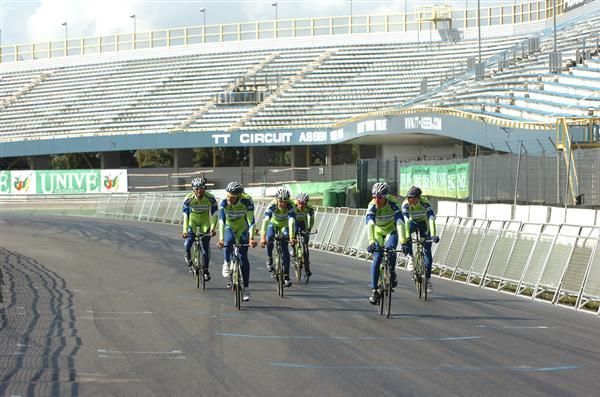 Liquigas come on the start/finish straight in Assen