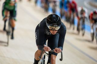 New Zealand's Ally Wollaston competes during the womenâ€™s Omnium scratch race 1/4 of the UCI Track Cycling World Championships in Ballerup, Denmark, on October 18, 2024. (Photo by JONATHAN NACKSTRAND / AFP)