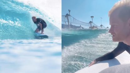 A photo of Prince Harry surfing on the left and a close-up pictures of him laying on a surfboard on the right