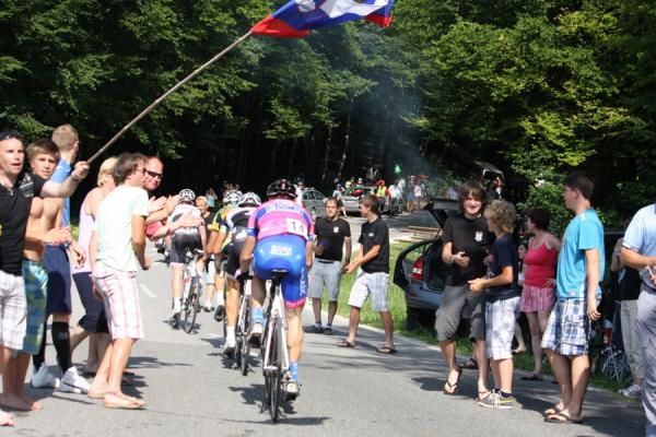 Fans cheers the riders on the climb at the Slovian championships