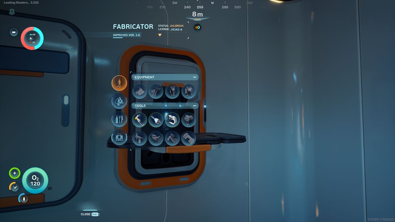 Subnautica 2 fully functional Fabricator: A player looking at the upgraded Fabricator crafting menu.