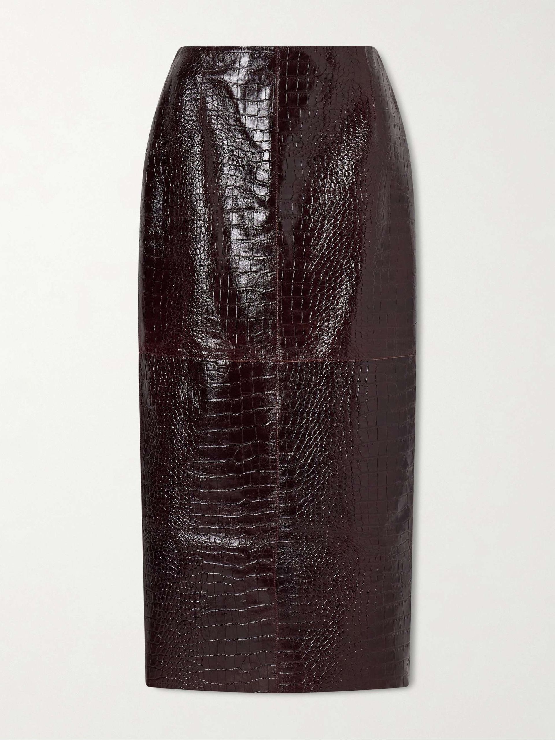 Paneled Croc-Effect Leather Midi Skirt