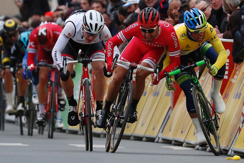Nacer Bouhanni swerves into Michael Matthews during the final sprint of the second stage of Paris-Nice