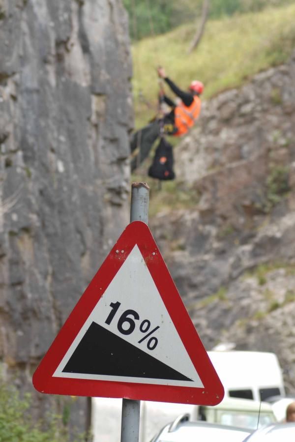 It's steep for the riders, but not rope and harness steep.