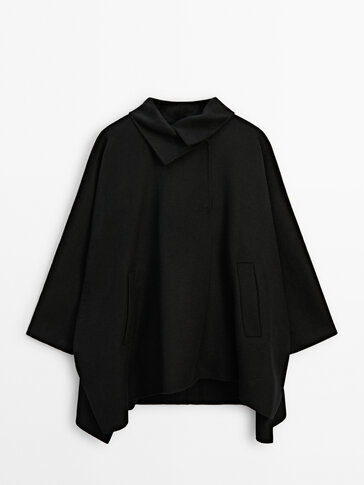 Black Wool Blend Cape Coat