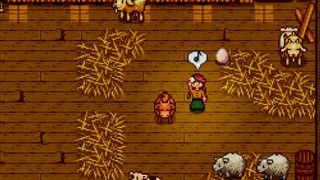 Stardew Valley - The player farmer in a barn, dancing around sheep and cows with the music emote