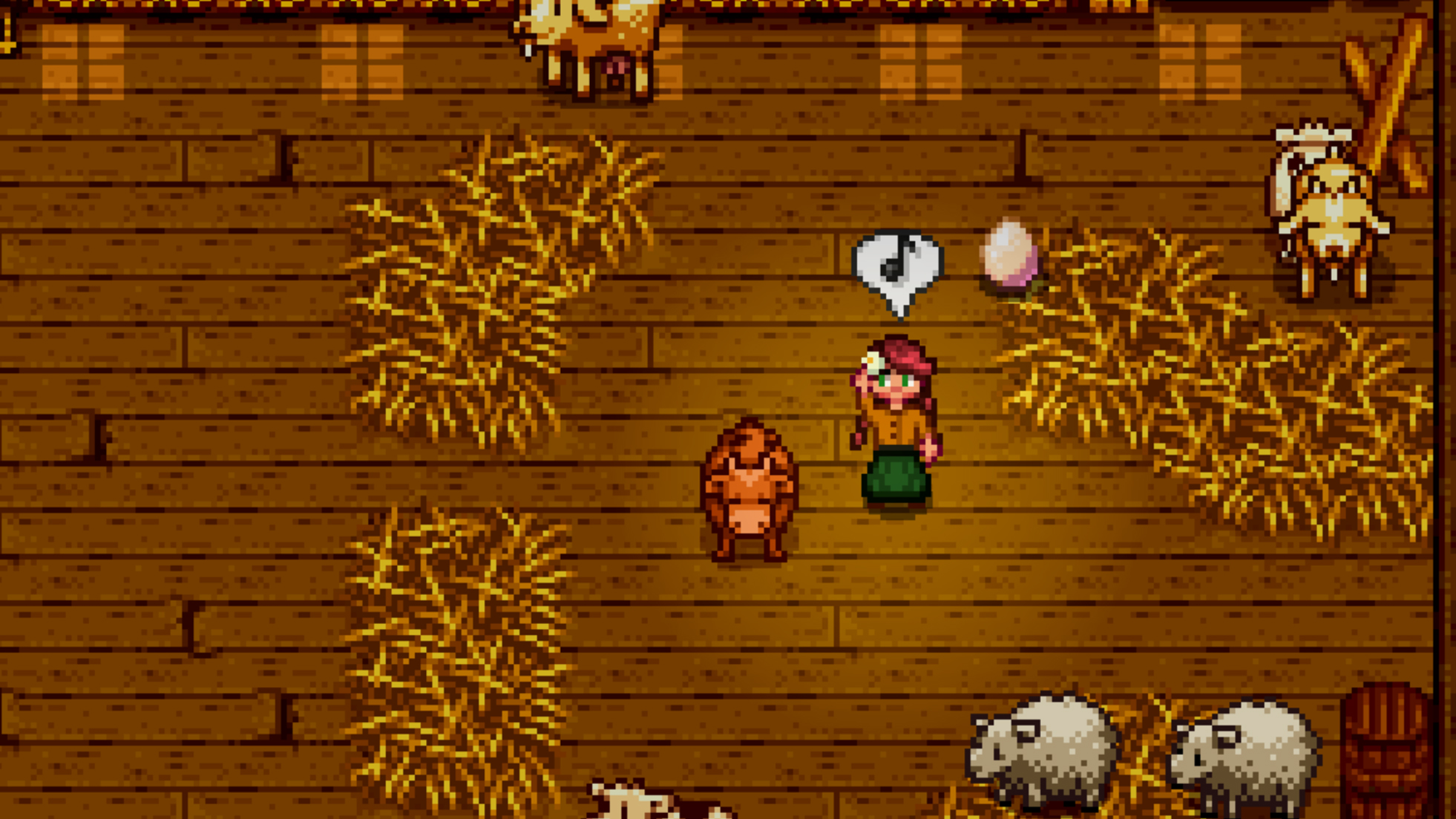 Stardew Valley  - The player farmer in a barn, dancing around sheep and cows with the music emote