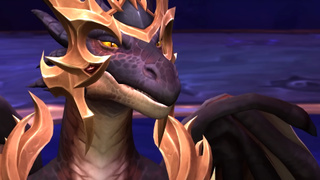 Emberthal, a Drac'thyr from World of Warcraft: Dragonflight (a race of draconic humanoids) flashes a coy smirk.