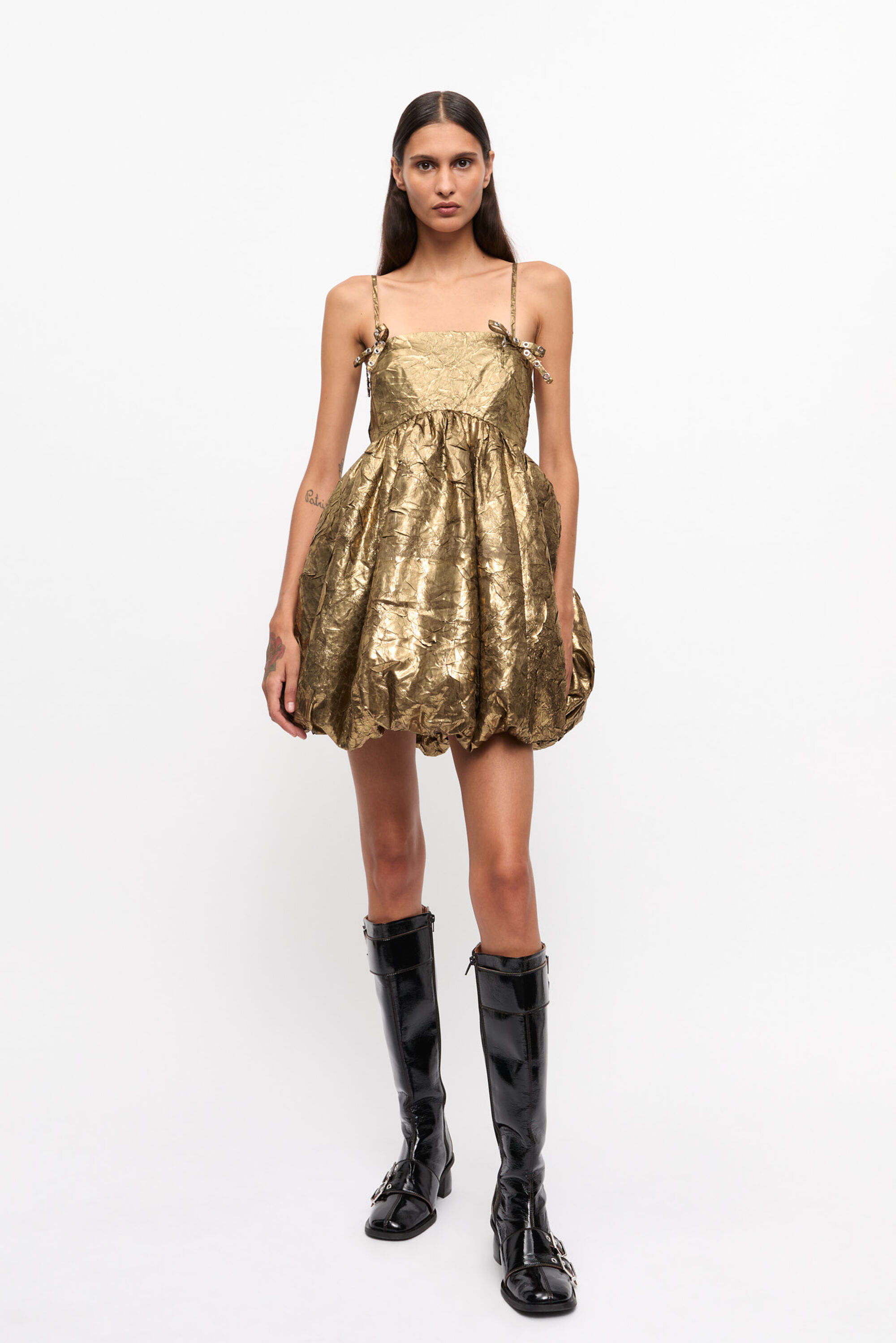 Gold Pleat Strap Mini Dress