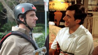 steve carrell in two stills from the 40 year old virgin including one of him in a helmet and one of him wearing a polo and smiling