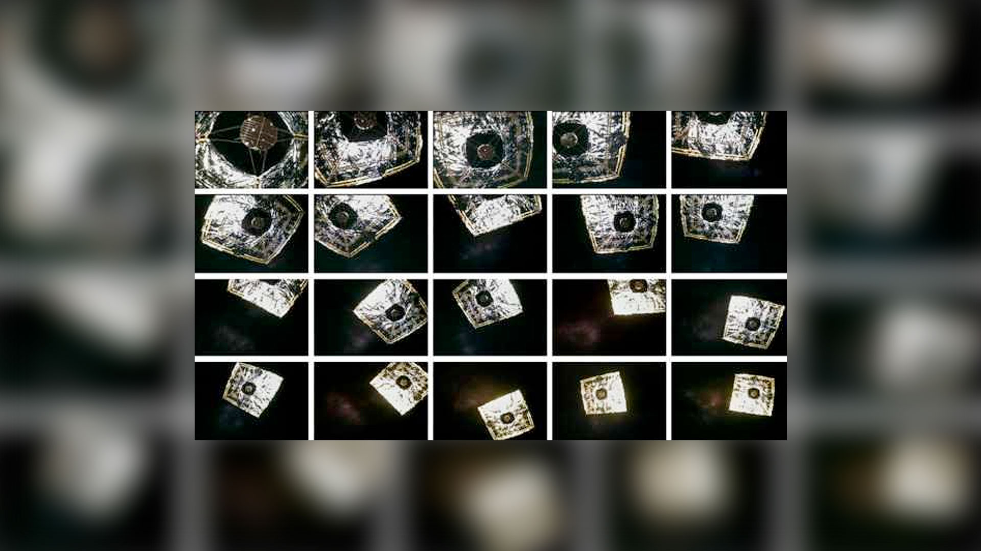 a montage of images of a rectangular, foil blanket floating in space