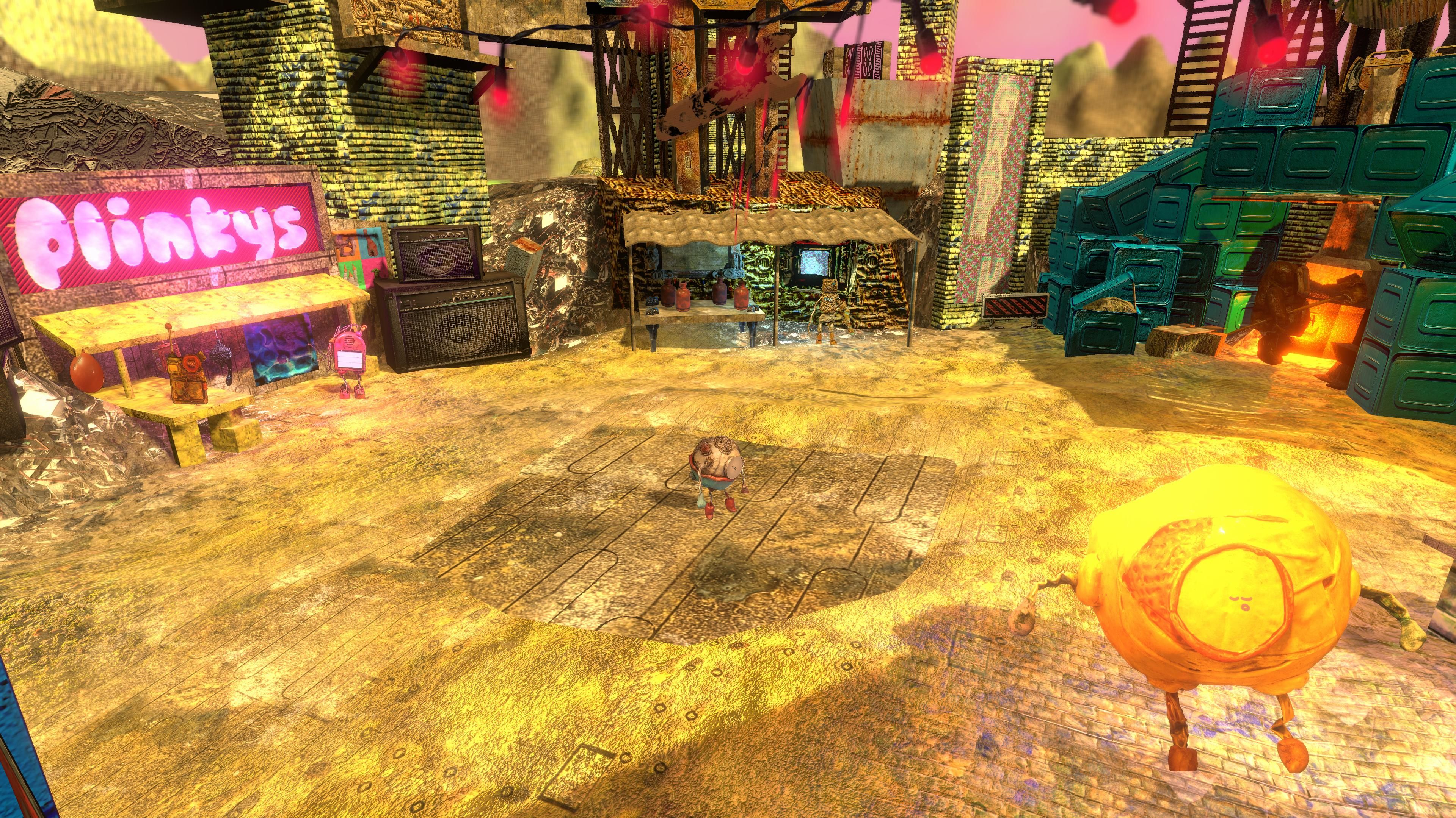 Gameplay screens of Mashina, a game with stop-motion graphics about robots in an industrial afterscape.