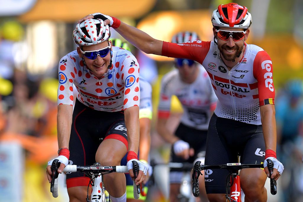 Tim Wellens – in the polka-dot jersey as the &#039;king of the mountains&#039; leader – and Lotto Soudal teammate Thomas De Gendt share a joke on stage 11 of the 2019 Tour de France 